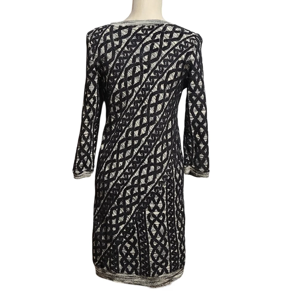 ANTHROPOLOGIE MOTH Black White Wool Blend 3/4 Sleeve Geometric Midi Dress Medium - Picture 7 of 16